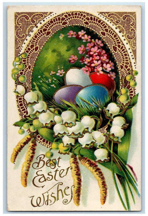 c1910's Easter Wishes Eggs Pink White Flowers Cattail Posted Antique Postcard