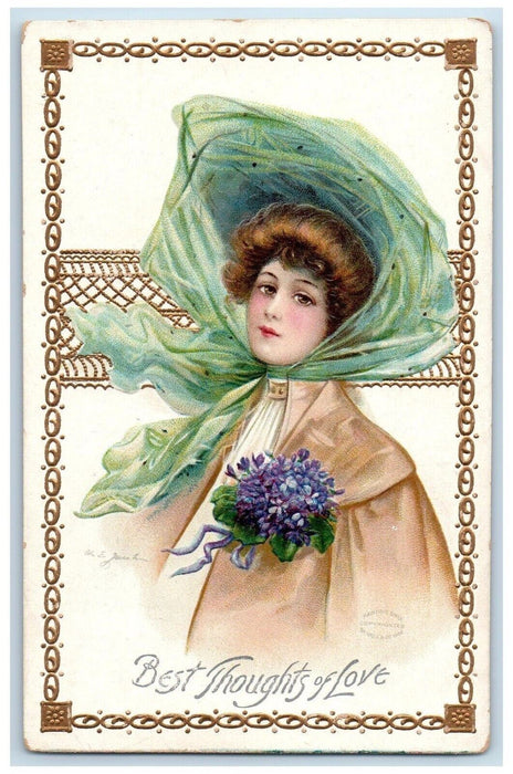 c1910's Thoughts Of Love Pretty Woman Flowers Embossed Posted Antique Postcard