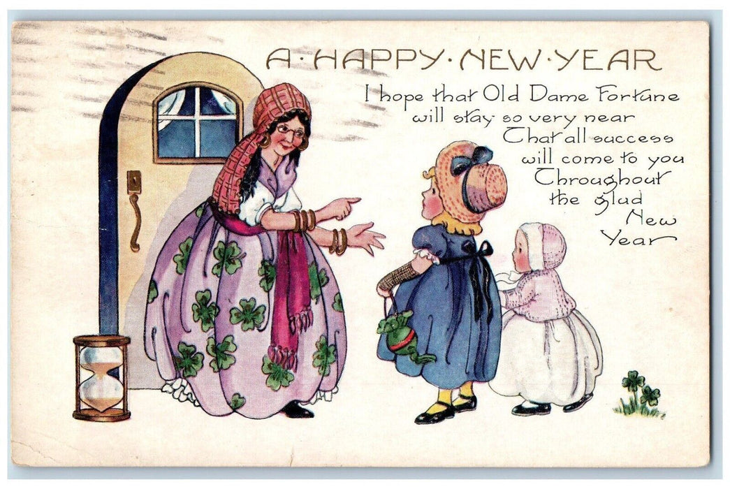 1922 Happy New Year Old Dame Fortune Teller Hourglass Shamrock Embossed Postcard