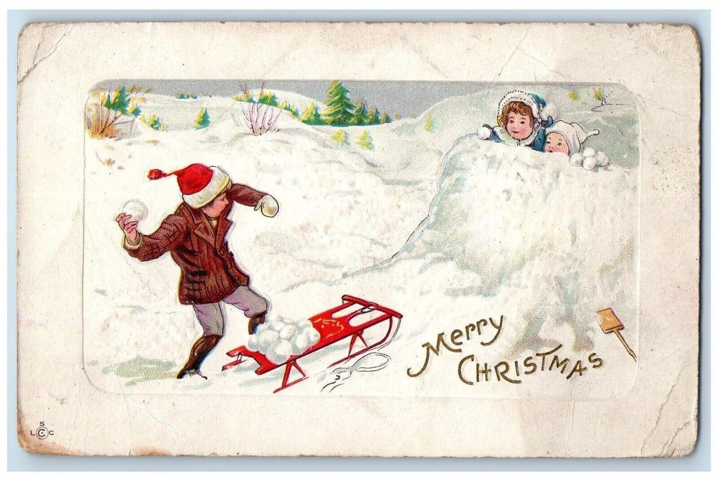 c1910's Merry Christmas Children Snowball Fighting Embossed Antique Postcard