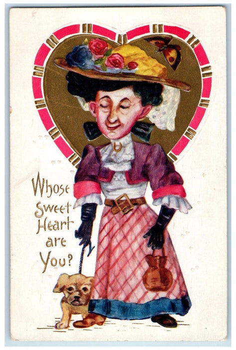 c1910's Old Woman Big Hat And Her Dog Heart Embossed Posted Antique Postcard