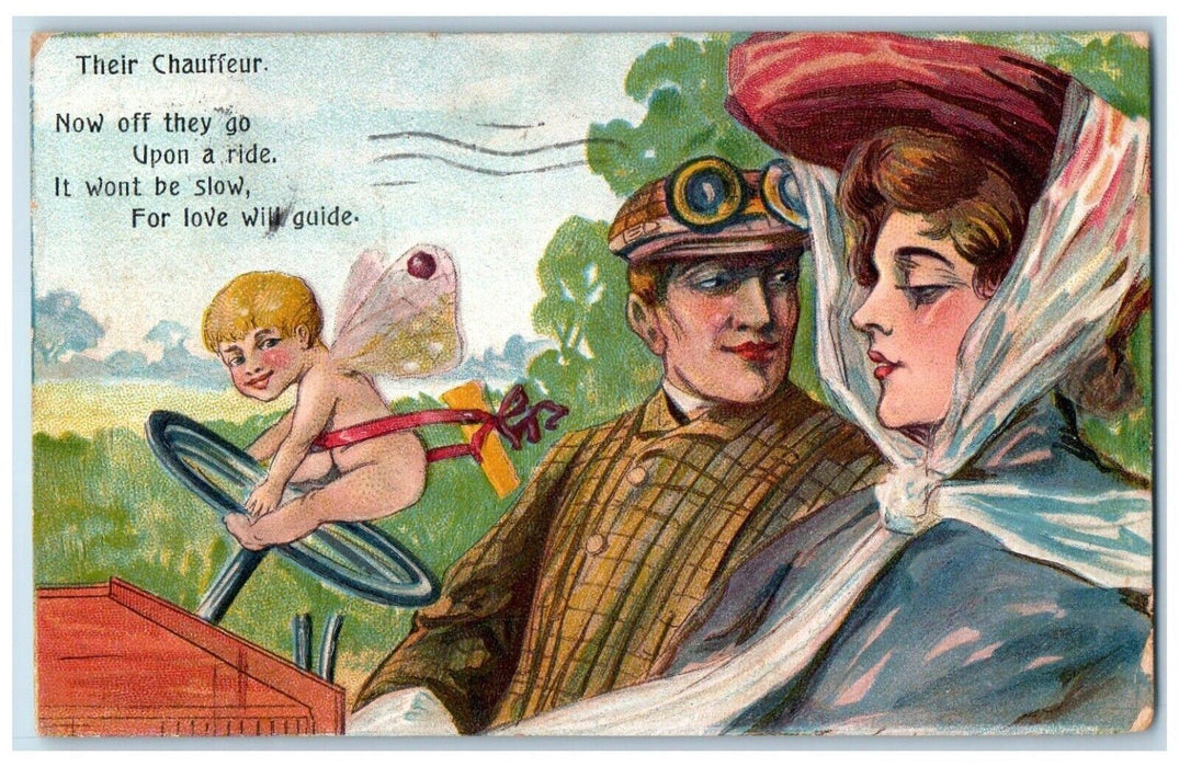 1909 Valentine Couple Cupid Angel Butterfly Wings Fort Wayne IN Antique Postcard