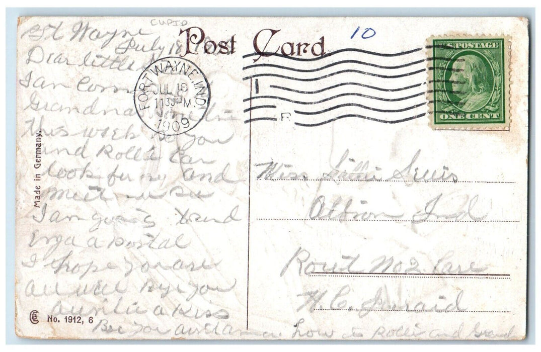 1909 Valentine Couple Cupid Angel Butterfly Wings Fort Wayne IN Antique Postcard