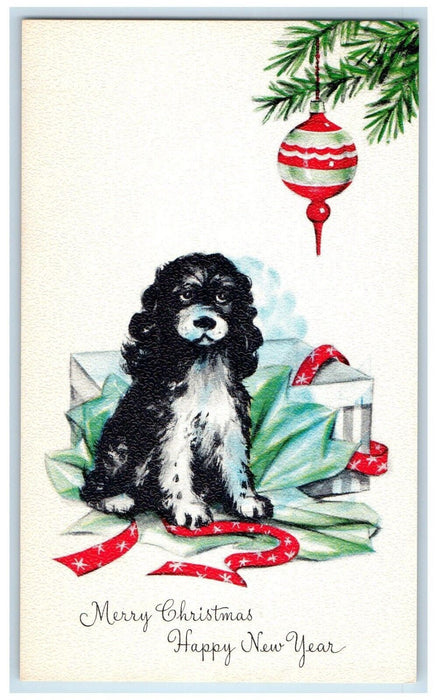 c1910's Merry Christmas And Happy New Year Poodle Dog Ball Decor Postcard