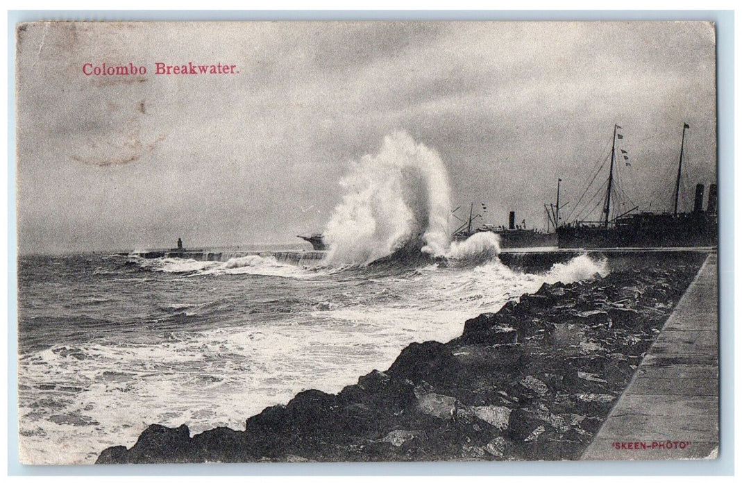 1909 Sea Wave Colombo Breakwater Ceylon Sri Lanka Antique Posted Postcard