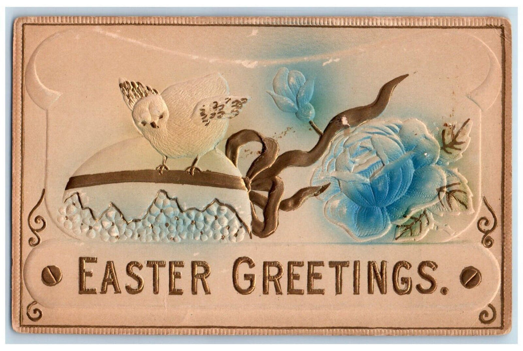 1910 Easter Greetings Egg Chick Flowers Airbrushed Embossed Dexter MI Postcard