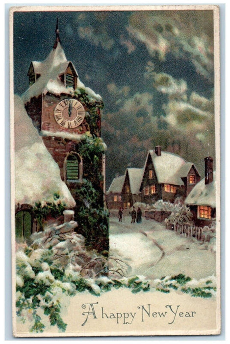 1912 Happy New Year House Church Tower Clock Winter Embossed Buffalo NY Postcard