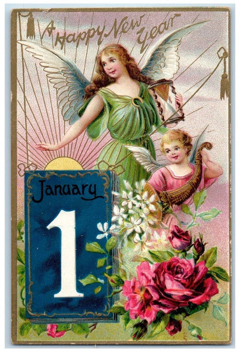 c1910's New Year January 1 Angels Hourglass Cornucopia Flowers Tuck's Postcard