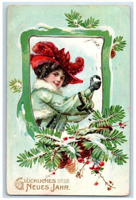 c1910's New Year Woman Snowball Pine Cone Holly Berries Embossed Posted Postcard