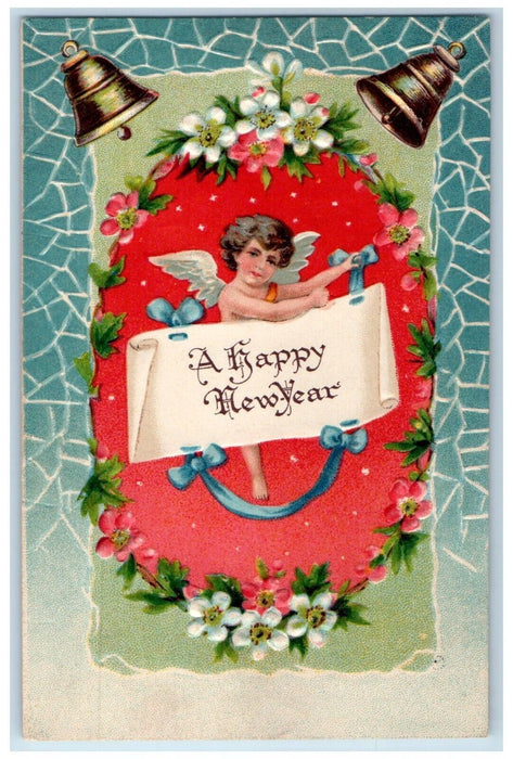 1910 Happy New Year Angels Ringing Bells Flowers Embossed Seville OH Postcard