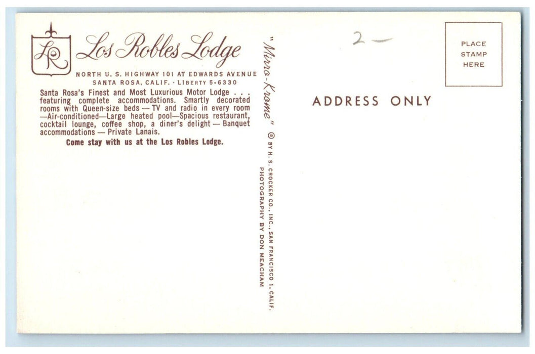 c1960 Los Robles Lodge Motor Edwards Avenue Pool Santa Rosa California Postcard