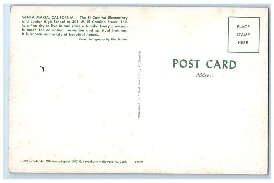 c1960 El Camino Elementary Junior High School Santa Maria California CA Postcard