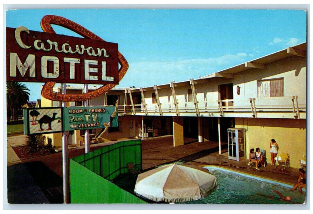 c1960 Caravan Motel Signage Exterior Pool South Santa Maria California Postcard