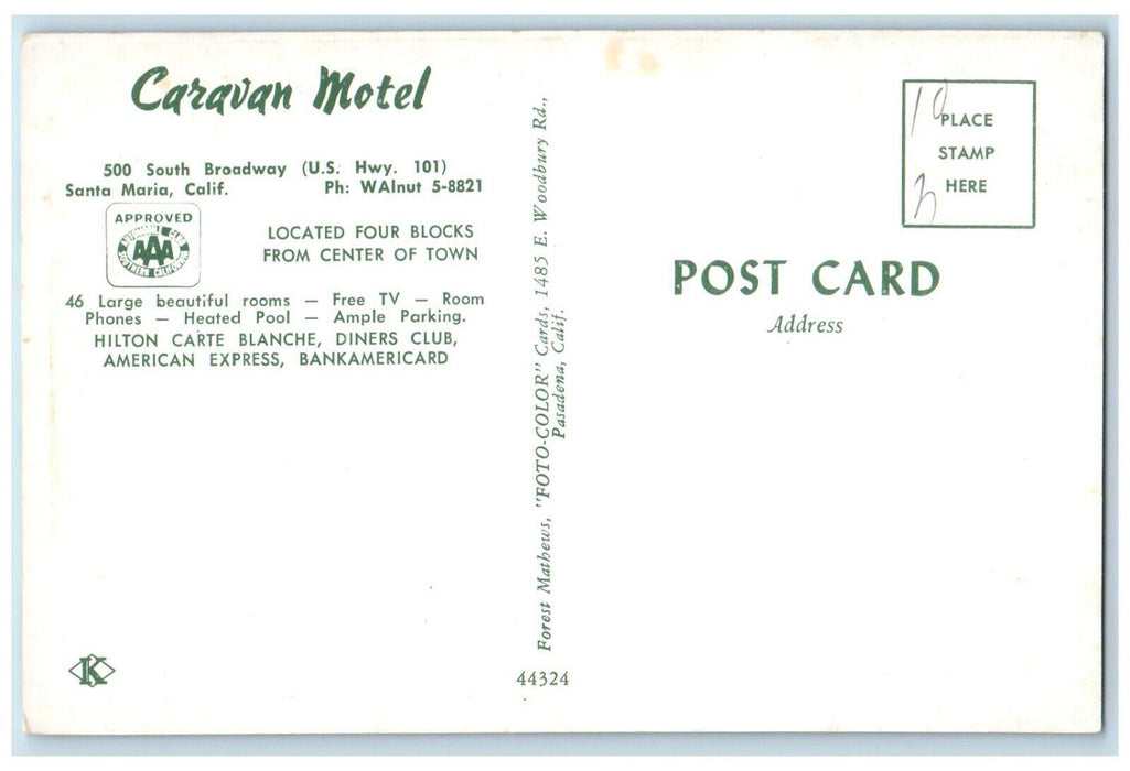 c1960 Caravan Motel Signage Exterior Pool South Santa Maria California Postcard