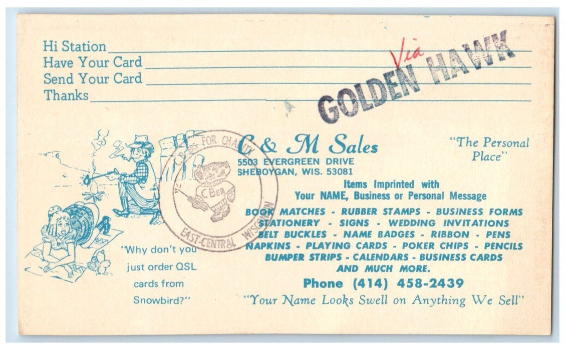 c1960 C M Sales Evergreen Drive Sheboygan Wisconsin Advertising Birds Postcard
