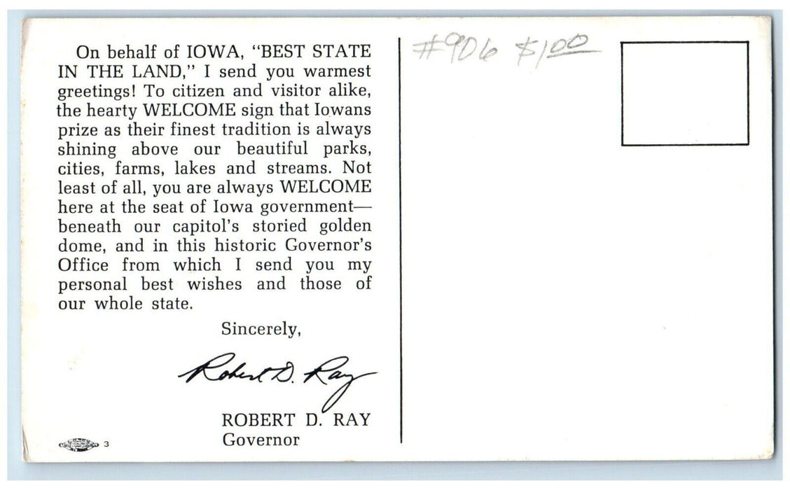c1960 Best State Land Iowa Governor Robert Ray Political Advertisement Postcard