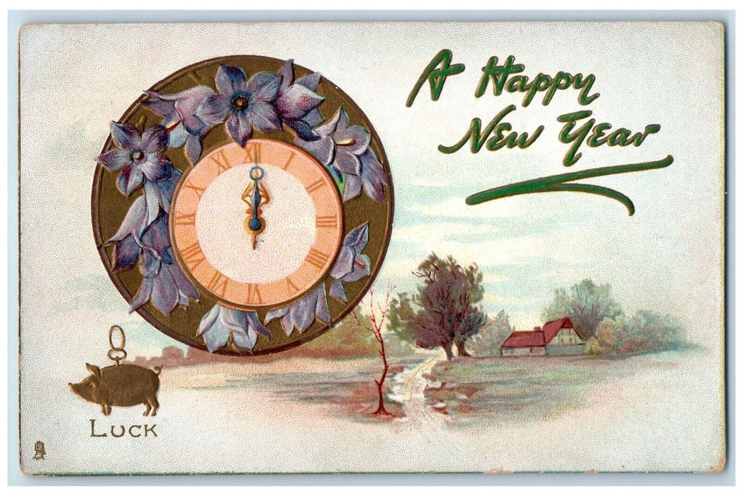 c1910's Happy New Year Clock Purple Flowers Luck House Tuck's Antique Postcard