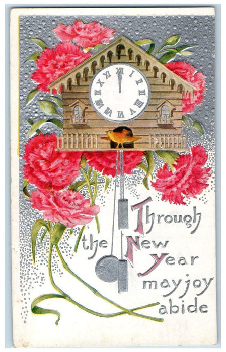 c1910's New Year House Bird Ringing Cod Coo Clock Flowers Embossed Postcard