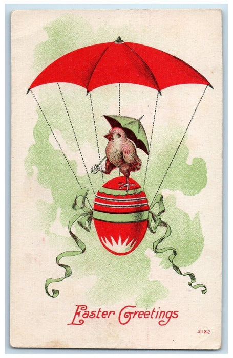 c1910's Easter Greetings Egg Hot Air Balloon Chick Umbrella Antique Postcard