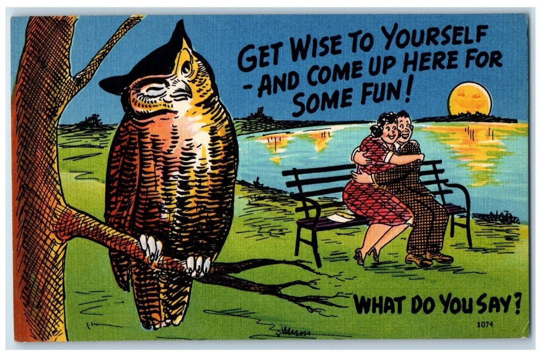 c1910's Couple Romance Hugging Lake Side Owl Get Wise To Yourself Postcard