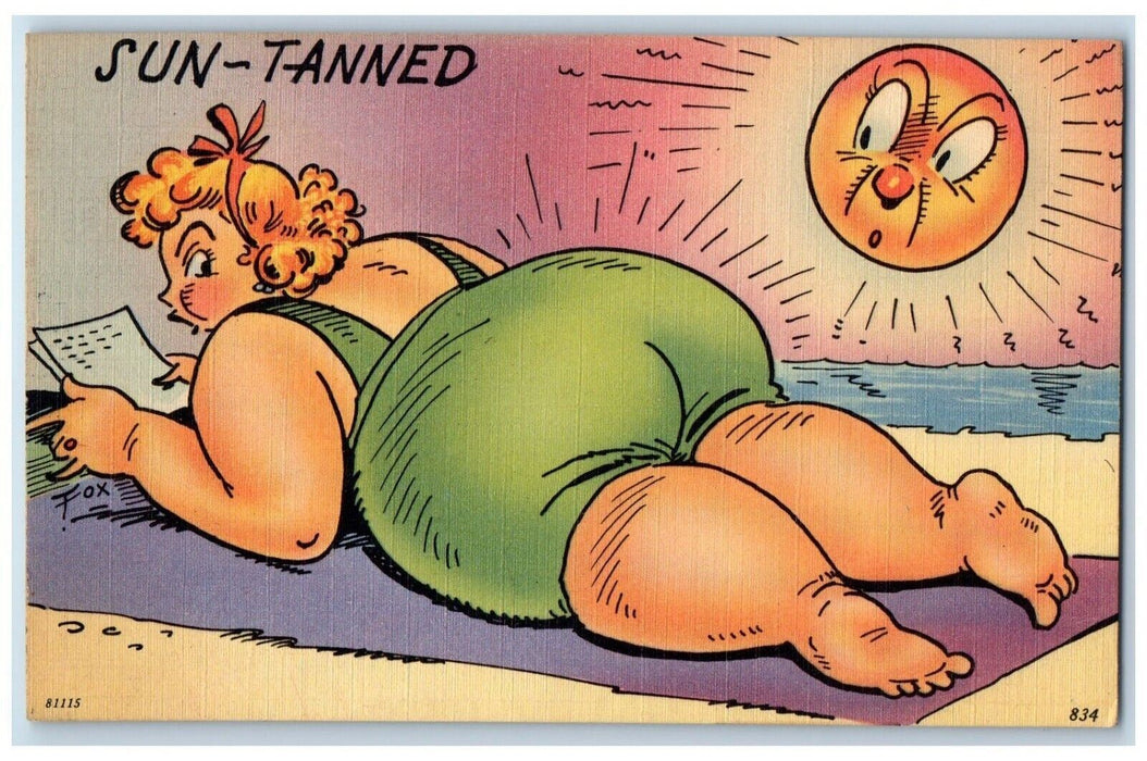 c1910's Anthropomorphic Sun Tanned Fat Woman Big Butt Beach Bathing Postcard