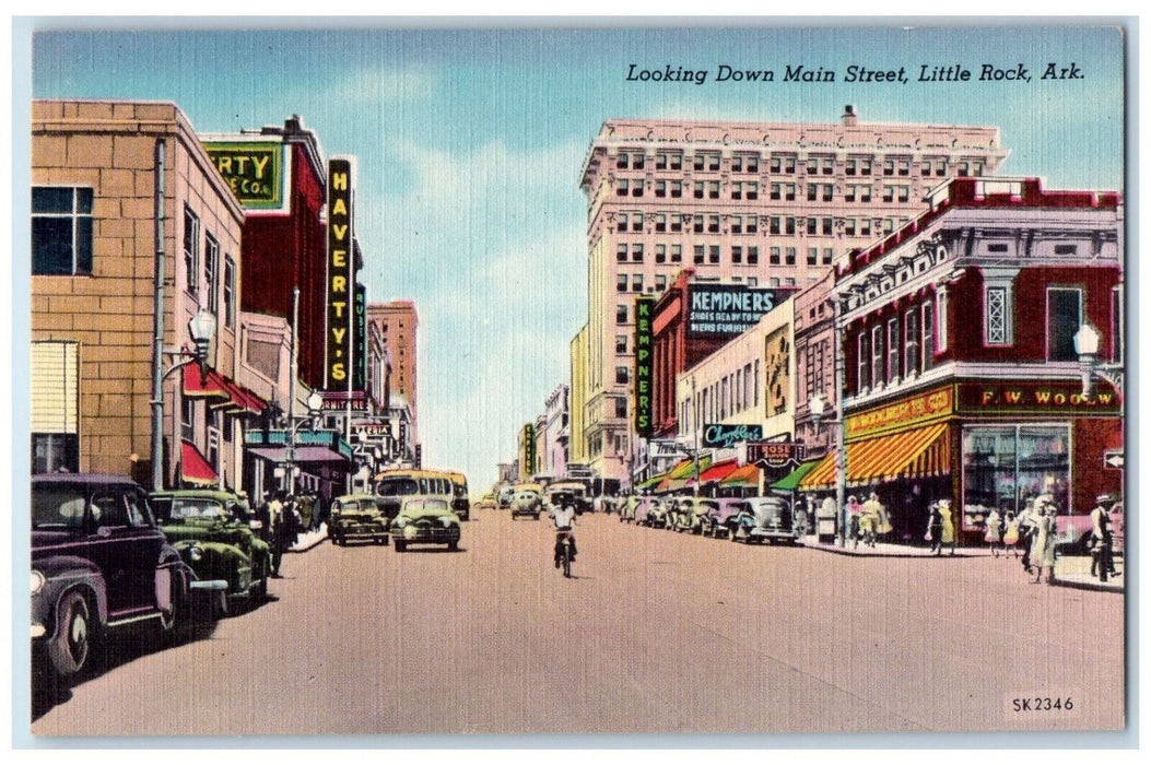 Looking Down Main Street Shops Stores Cars View Little Rock Arkansas AR Postcard