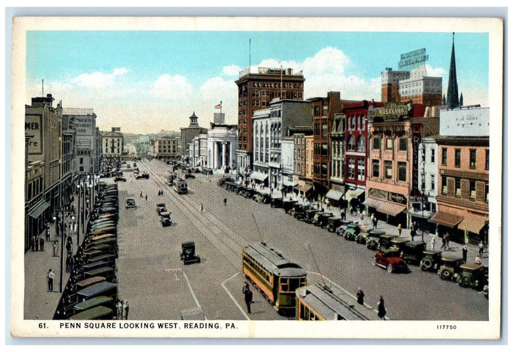 Penn Square Looking West Motel Cars Building Reading Pennsylvania PA Postcard