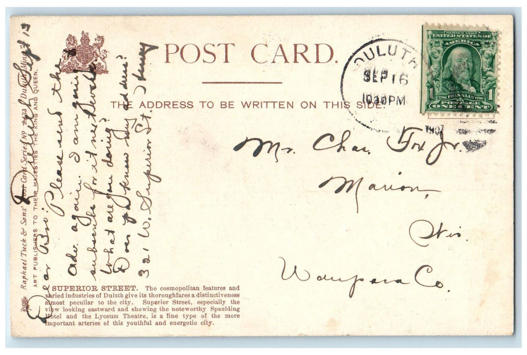 Superior Street Looking East Restaurant Hotel Scene Duluth MN Tuck's Postcard