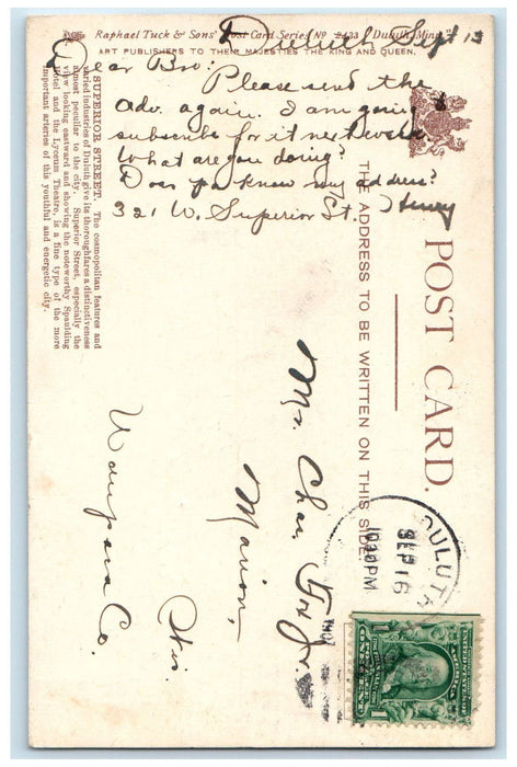 Superior Street Looking East Restaurant Hotel Scene Duluth MN Tuck's Postcard