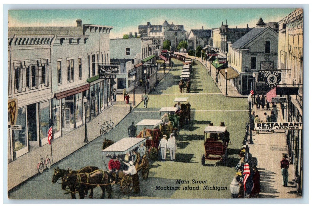 1961 Main Street Shoes Store Restaurant Mackinac Island Michigan MI Postcard