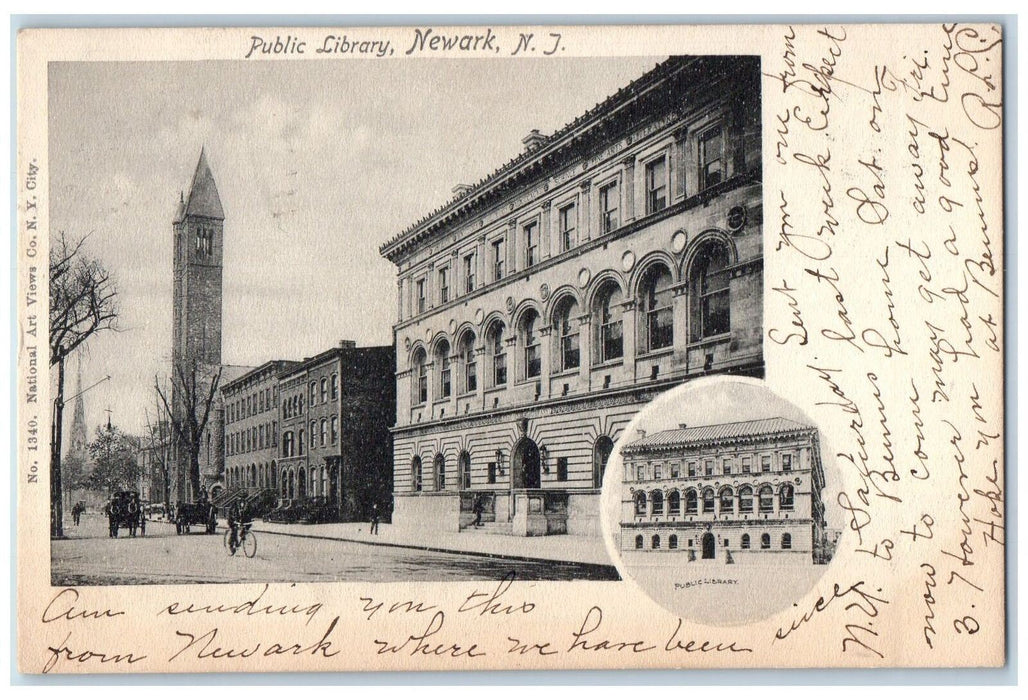 1904 Public Library Building Bicycle Horse Carriage Tower Newark NJ Postcard