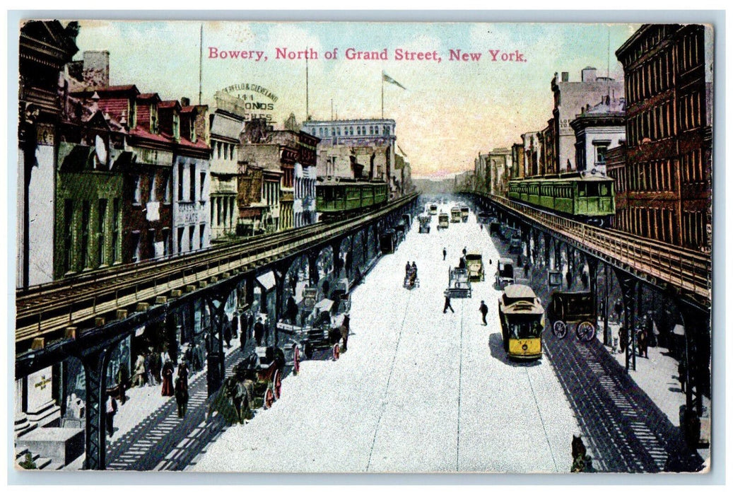 Bowery North Of Grand Street Train Rail Road Cars Scene New York NY Postcard