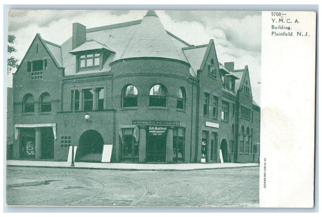 c1905 YMCA Building Pharmacy Store Railway Street Corner Plainfield NJ Postcard