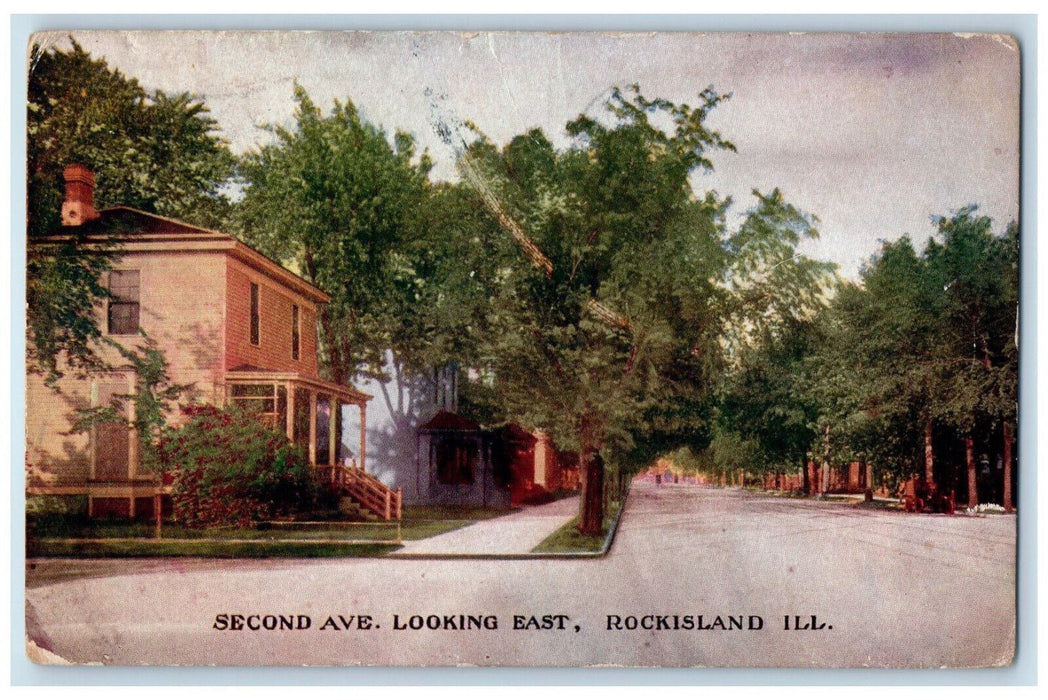 1908 Second Avenue Looking East Rock Tree-lined Island Illinois IL Postcard