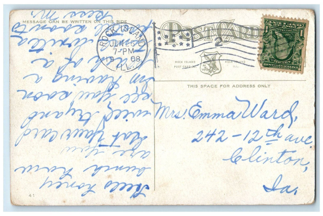 1908 Second Avenue Looking East Rock Tree-lined Island Illinois IL Postcard