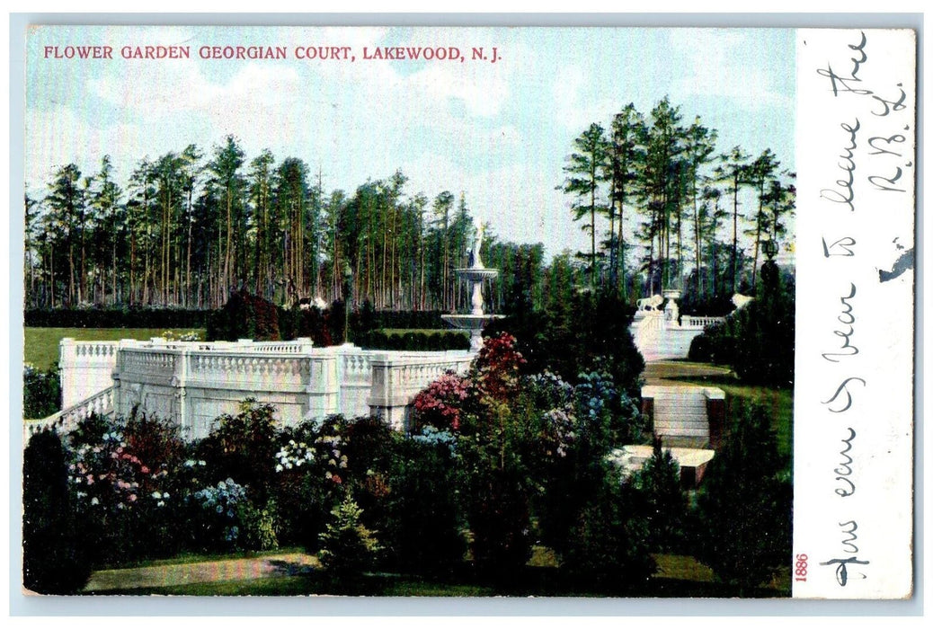 1908 Flower Garden Georgian Court Terrace Grove Statue View Lakewood NJ Postcard