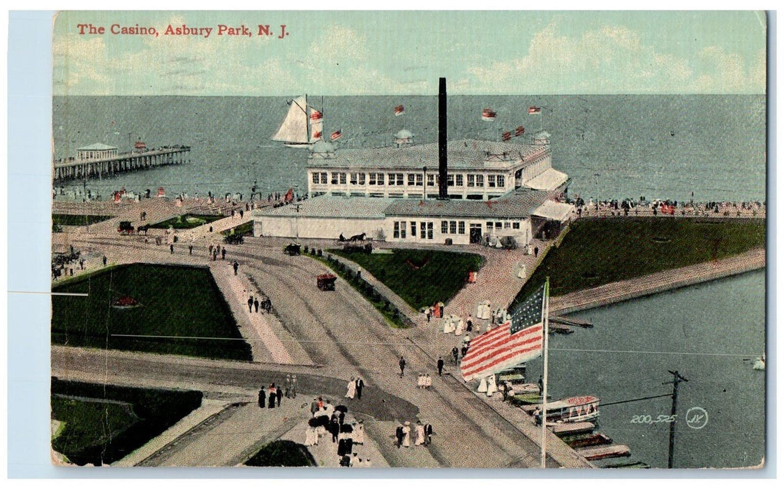 1913 The Casino Building Connecting Roads Boardwalk Boat Asbury Park NJ Postcard