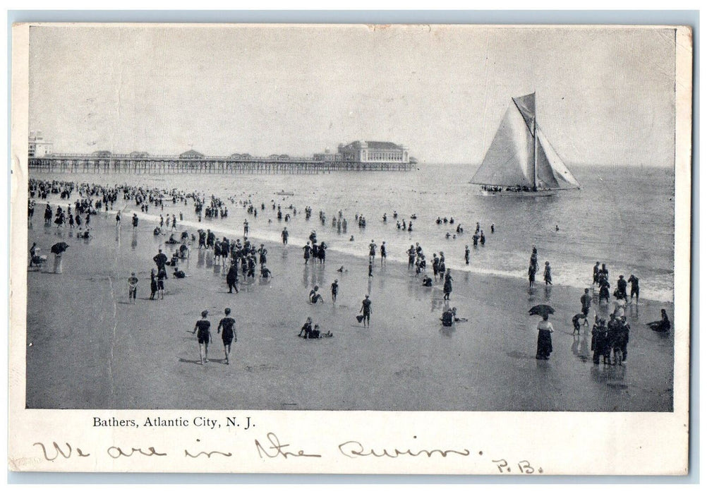 1906 Bathers Swimming Seaside Sailboat Boardwalk View Atlantic City NJ Postcard