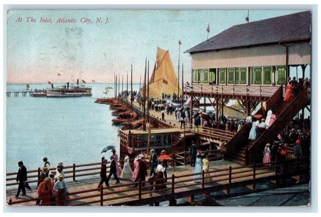 1908 At The Inlet Boardwalk Tourist Boats Atlantic City New Jersey NJ Postcard