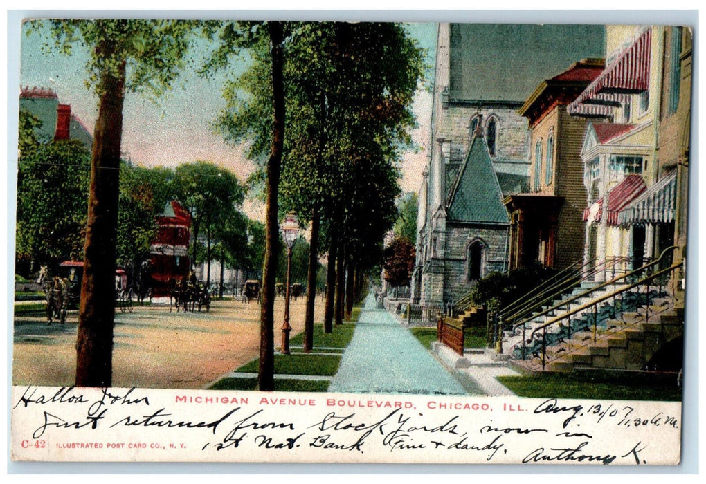 1907 Michigan Avenue Boulevard Tree-lined Chicago Illinois IL Antique Postcard