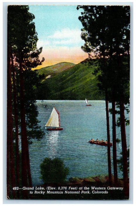 c1950 Grand Western Gateway Lake Rocky Mountain Park Sailboat Forest CO Postcard