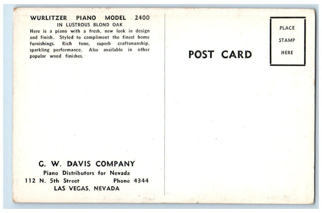 c1960 Wurlitzer Piano Model 2400 Davis Company Las Vegas Nevada Vintage Postcard