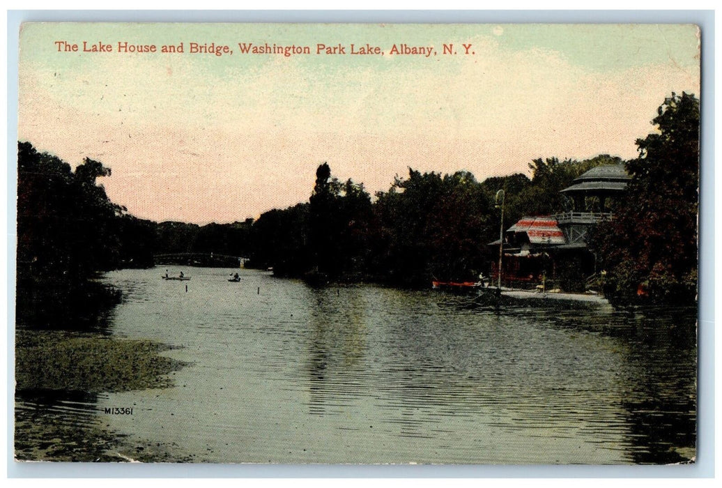 1914 The Lake House Bridge Washington Park Boating Docking Albany NY Postcard