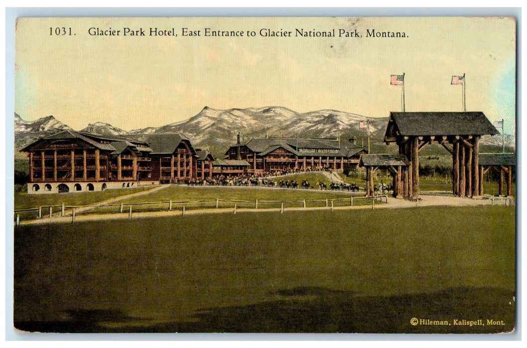 c1950 Glacier National Park Hotel Entrance Restaurant Horse Riding MT Postcard
