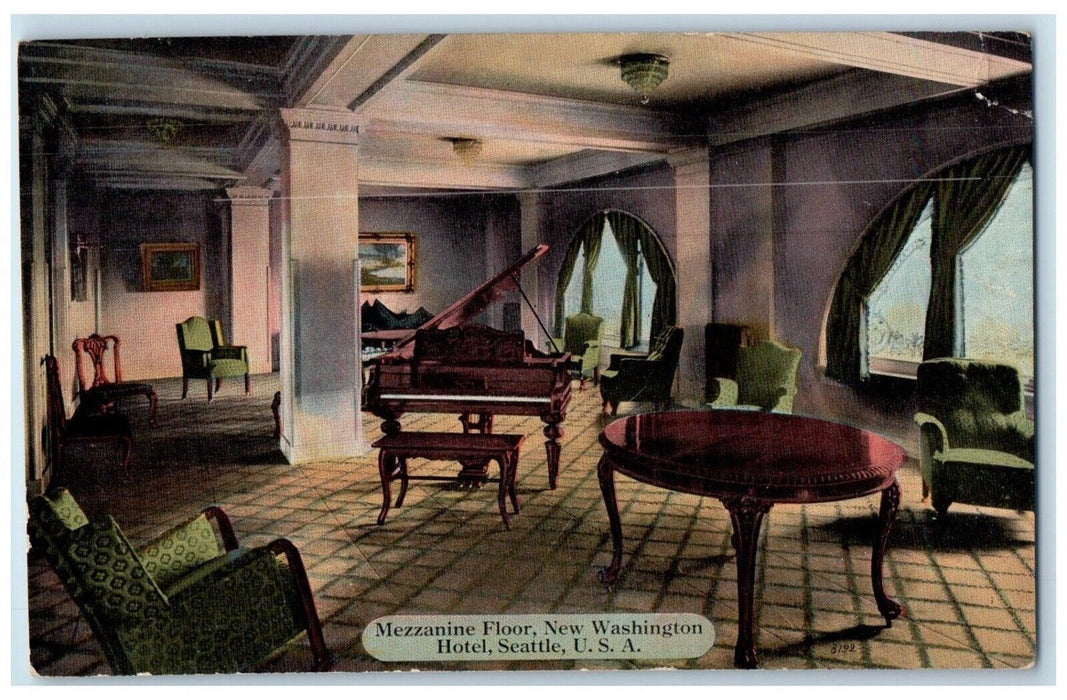 c1910 Mezzanine Floor Grand Piano Seat New Washington Hotel Seattle USA Postcard
