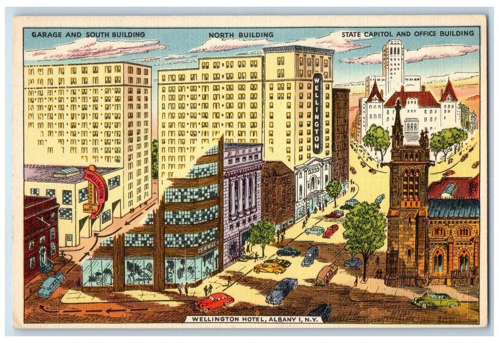 c1950's Wellington Hotel Restaurant Garage Building Albany New York  NY Postcard