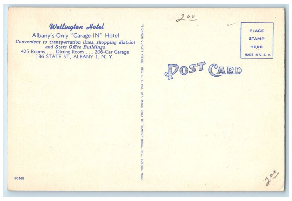c1950's Wellington Hotel Restaurant Garage Building Albany New York  NY Postcard