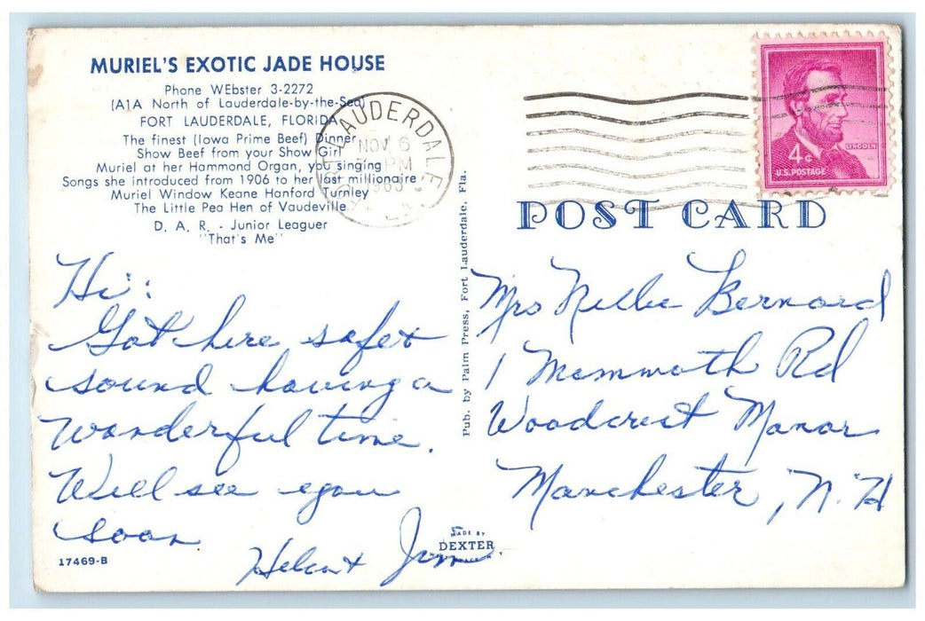 1965 Muriels Exotic Jade House Dinner Show Beef Fort Lauderdale Florida Postcard