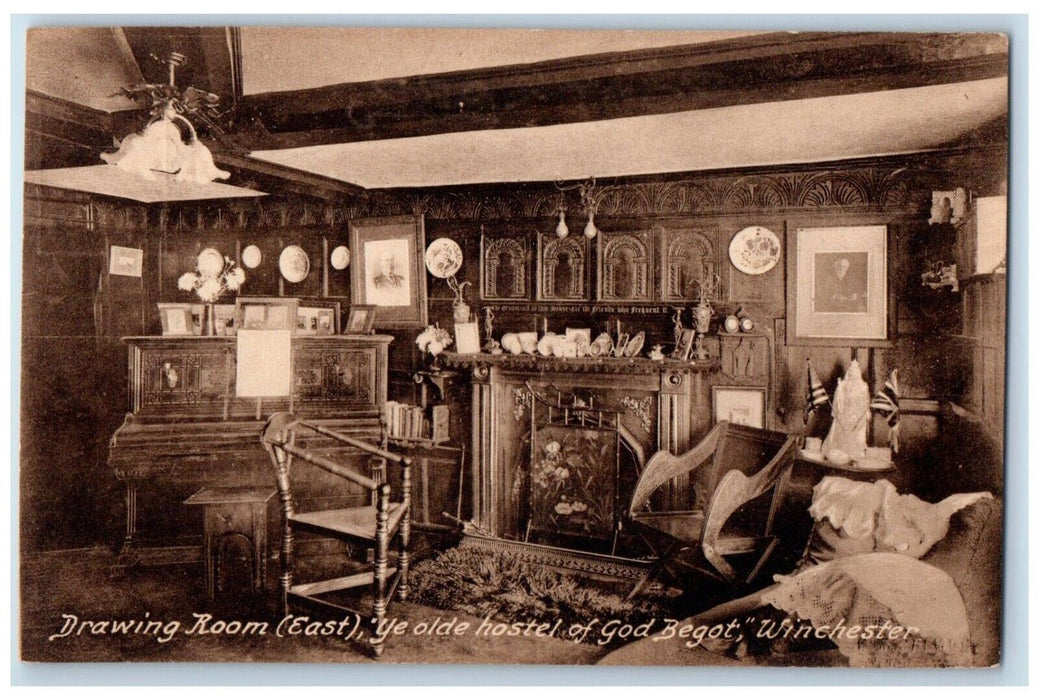 c1910 Drawing Room East ye Olde Hostel God Begot Winchester Interior Postcard