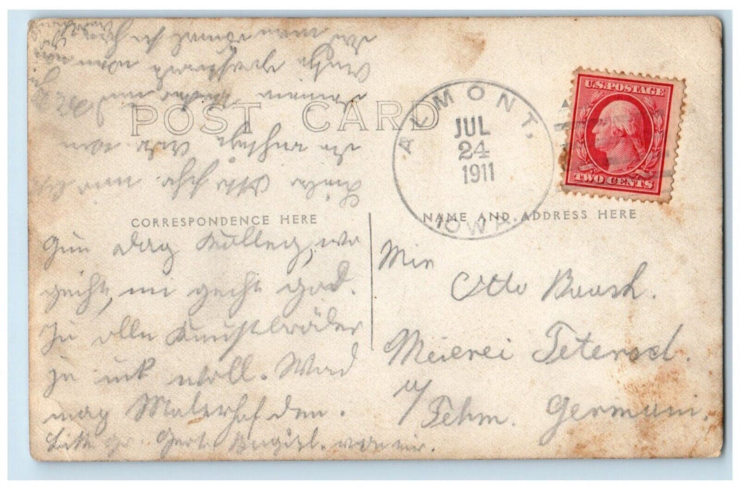 1911 Farmers Farming Overalls Hat Cabin Almont Iowa IA RPPC Photo Postcard